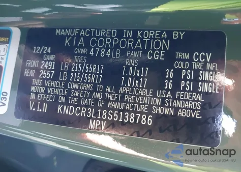 2025 Kia Niro Ev Wind z USA, uszkodzony, nr VIN KNDCR3L18S5138786